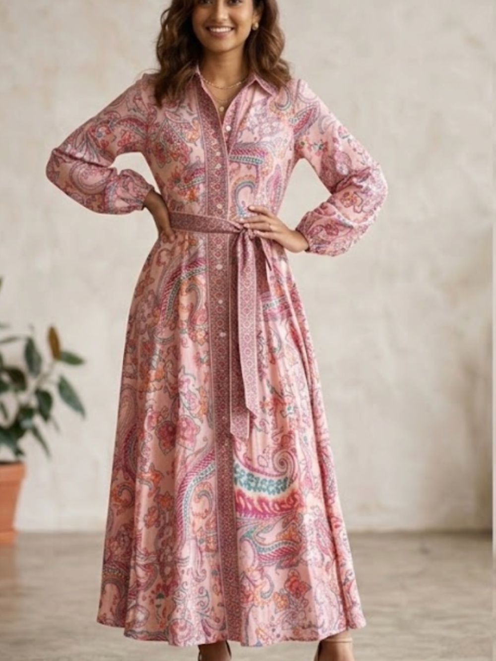 Venus Pink Paisley Tie-Waist Linen Blend Maxi Dress Size 4.